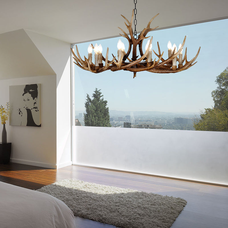 Brown 4/6/8 Heads Chandelier Lighting Rustic Resin Candle Suspension Lamp with Antler for Dining Room