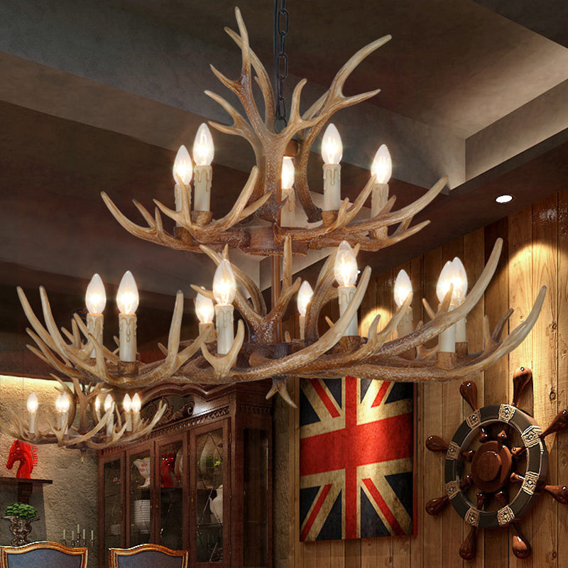 Brown 4/6/8 Heads Chandelier Lighting Rustic Resin Candle Suspension Lamp with Antler for Dining Room