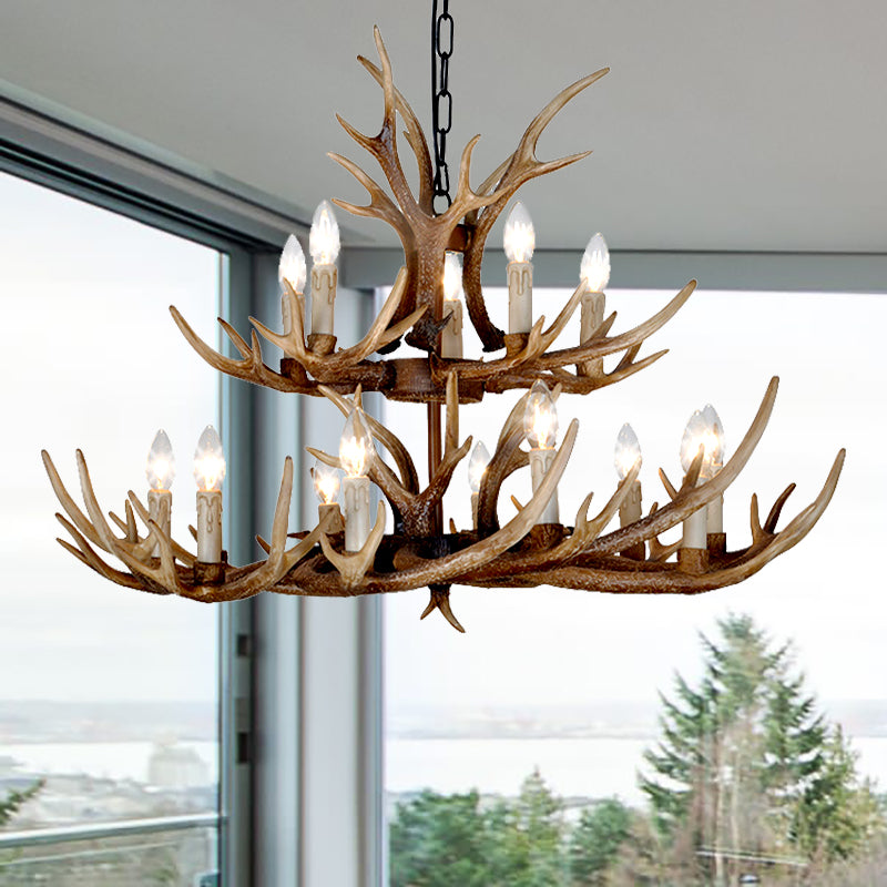 Brown 4/6/8 Heads Chandelier Lighting Rustic Resin Candle Suspension Lamp with Antler for Dining Room