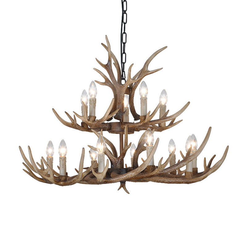 Brown 4/6/8 Heads Chandelier Lighting Rustic Resin Candle Suspension Lamp with Antler for Dining Room