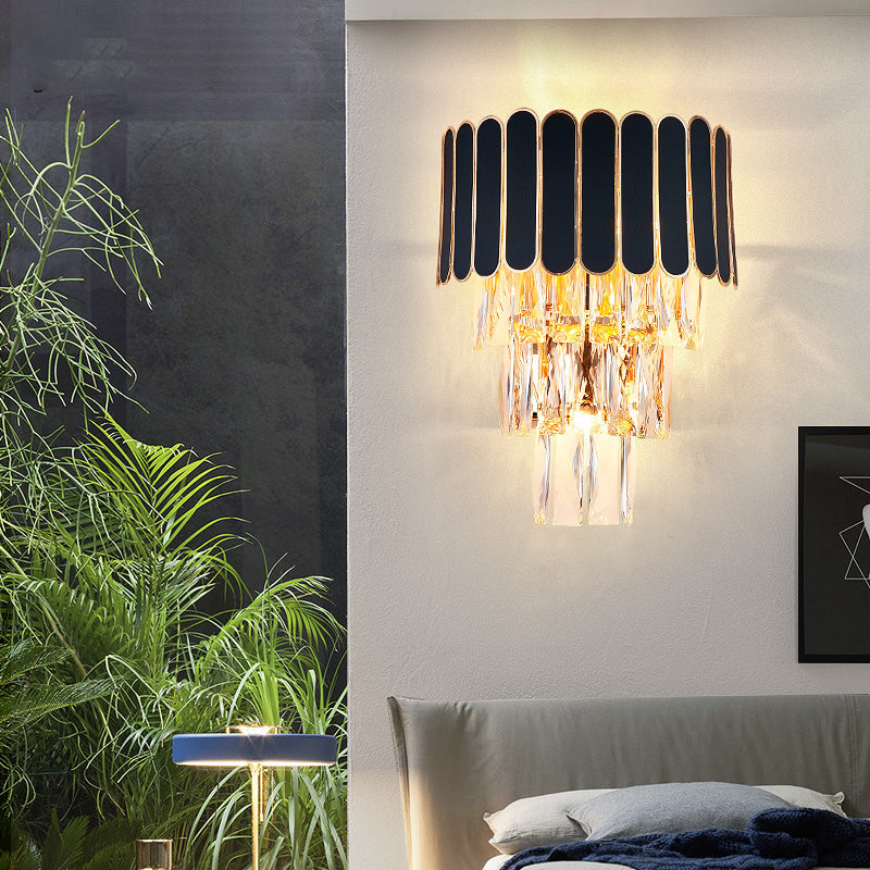 Minimalist Crystal Wall Sconce with 3 Bulbs - Black for Bedroom