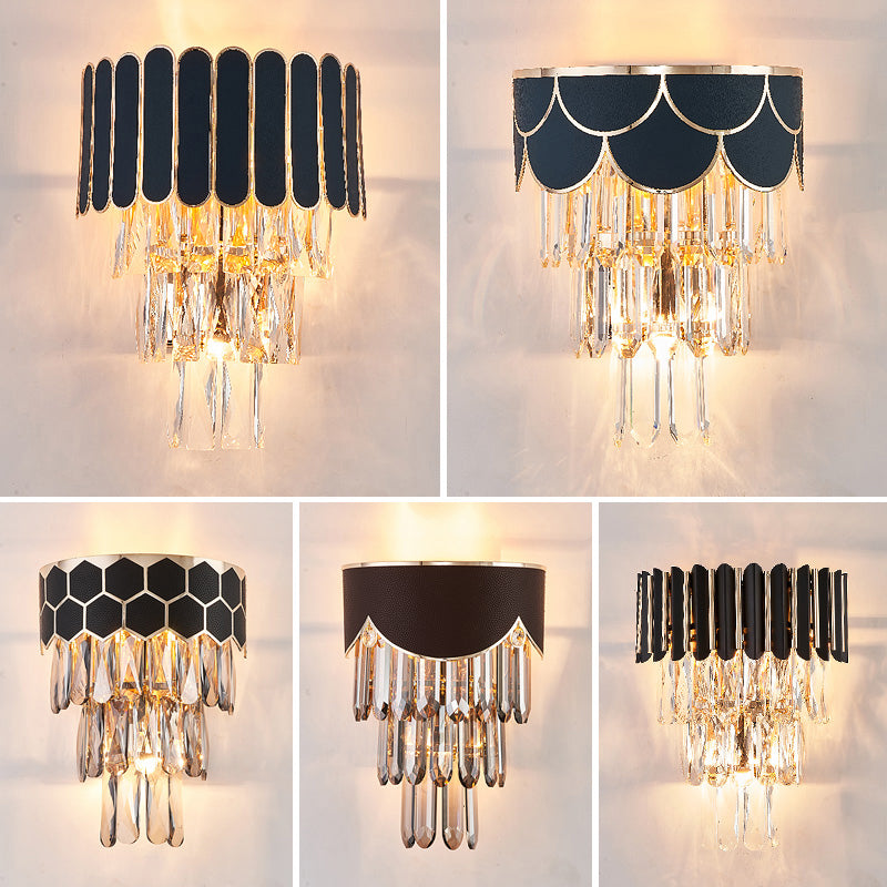 Minimalist Crystal Wall Sconce with 3 Bulbs - Black for Bedroom