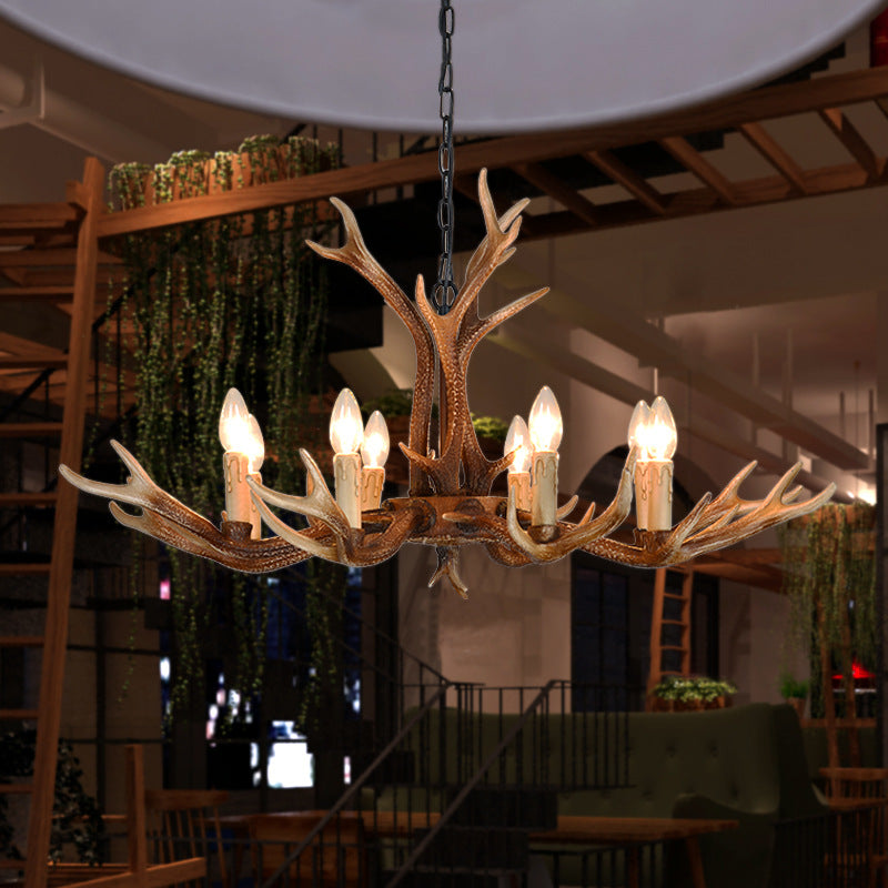6/8 Lights Antler Ceiling Chandelier Rustic Khaki Resin Suspension Light for Restaurant