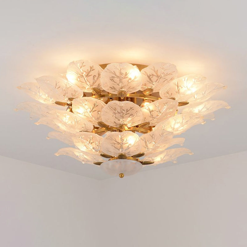 Contemporary Gold Leaf Semi Flush Mount Lamp with 10 Frost Glass Lights for Living Room Ceiling