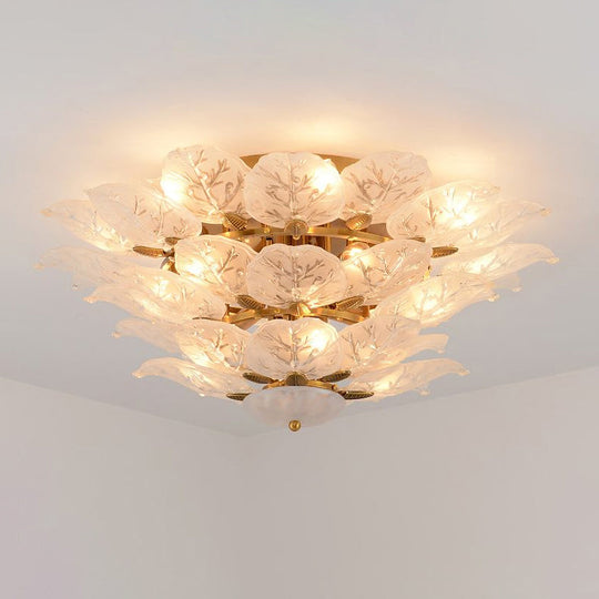 Contemporary Gold Leaf Semi Flush Mount Lamp with 10 Frost Glass Lights for Living Room Ceiling