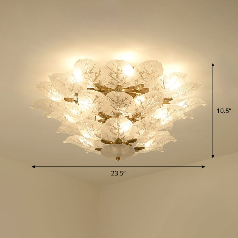 Contemporary Gold Leaf Semi Flush Mount Lamp with 10 Frost Glass Lights for Living Room Ceiling