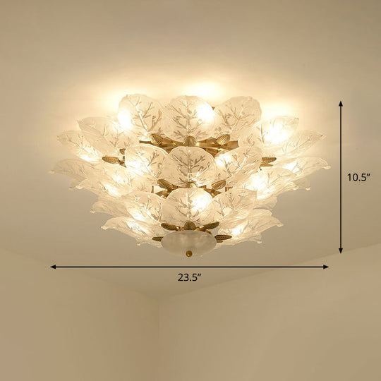 Contemporary Gold Leaf Semi Flush Mount Lamp with 10 Frost Glass Lights for Living Room Ceiling