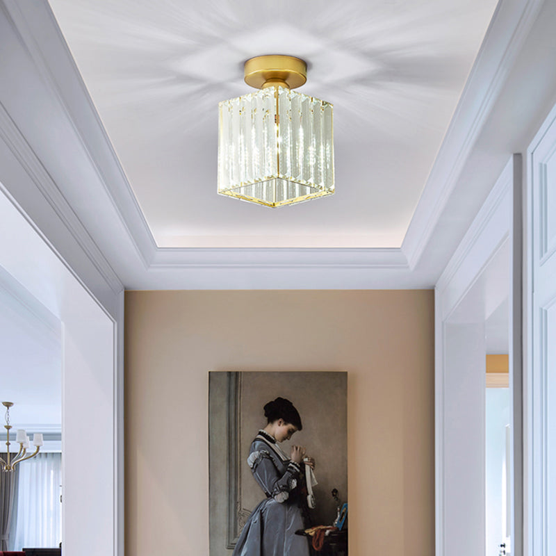 Minimalist Clear Crystal Geometric Ceiling Lamp - 1 Bulb Brass Finish - Semi Flush Light for Aisle