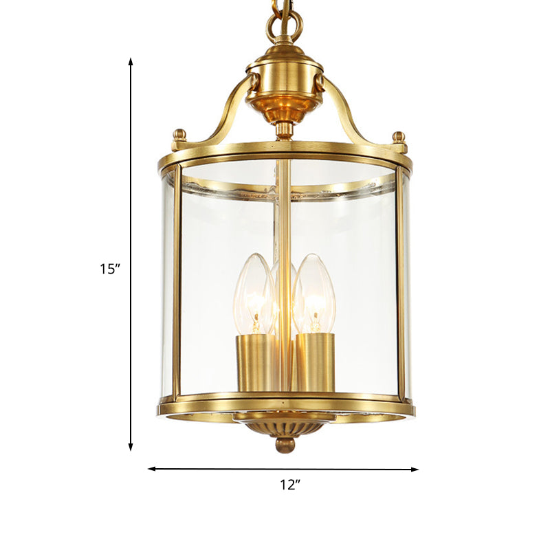 Minimalist Clear Glass Brass Cylinder Chandelier - Hanging Ceiling Light with 3 Bulbs - 8"/12" Wide