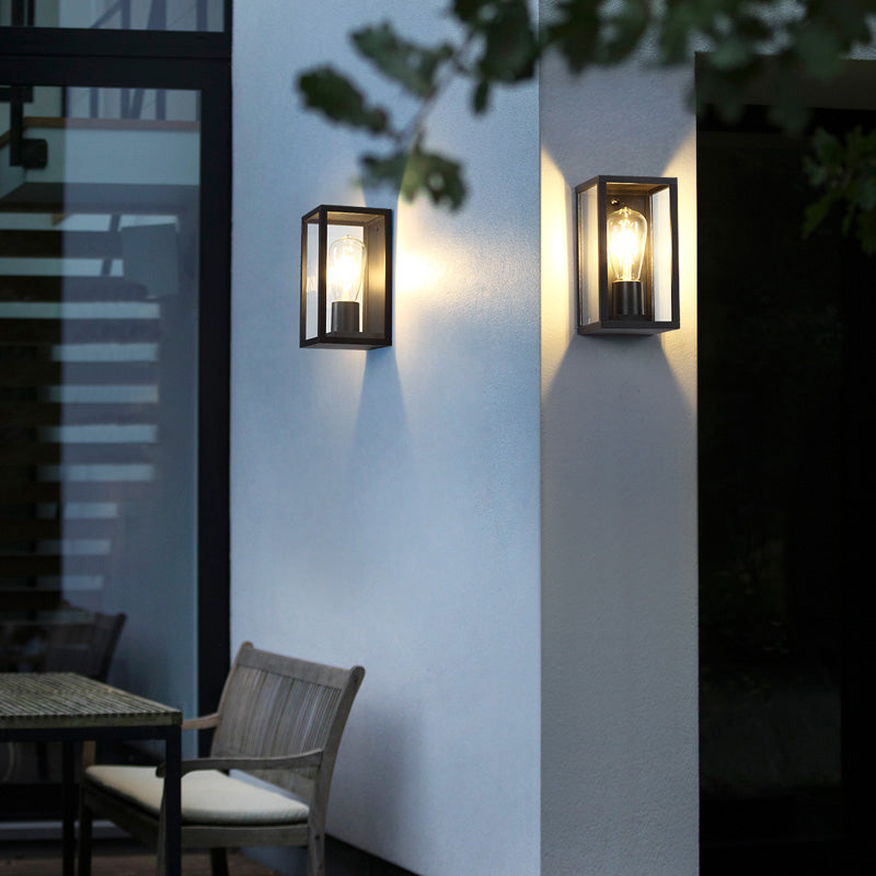 Modern Black Box Patio Wall Sconce - Transparent Glass, 1-Bulb Lighting Fixture
