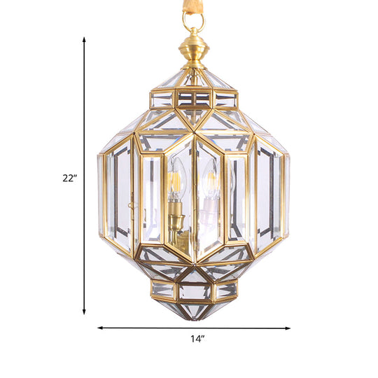 Contemporary 4-Light Lantern Chandelier with Clear Glass Shades – Brass Hanging Lamp for Living Room