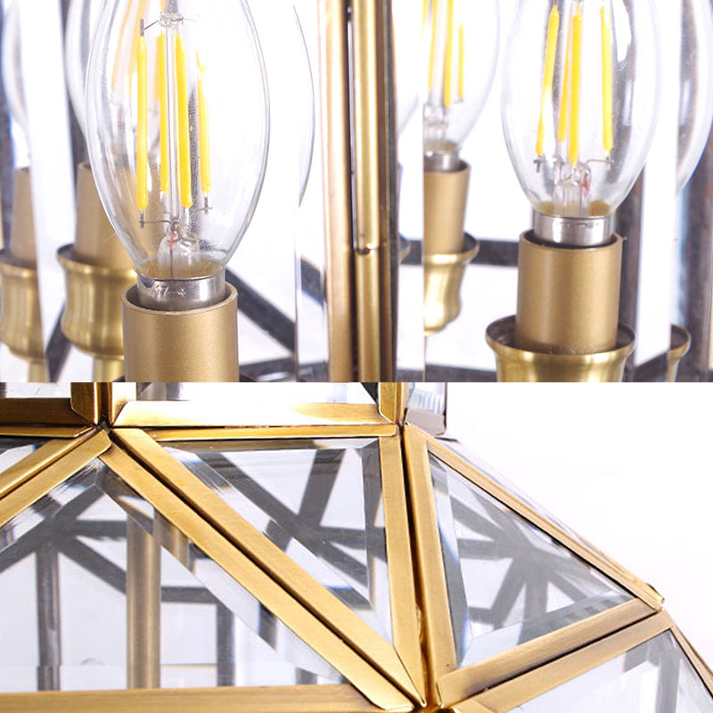 Contemporary 4-Light Lantern Chandelier with Clear Glass Shades – Brass Hanging Lamp for Living Room