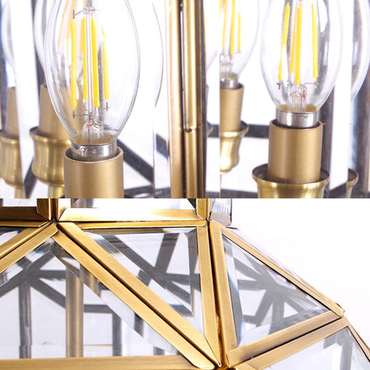 Contemporary 4-Light Lantern Chandelier with Clear Glass Shades – Brass Hanging Lamp for Living Room