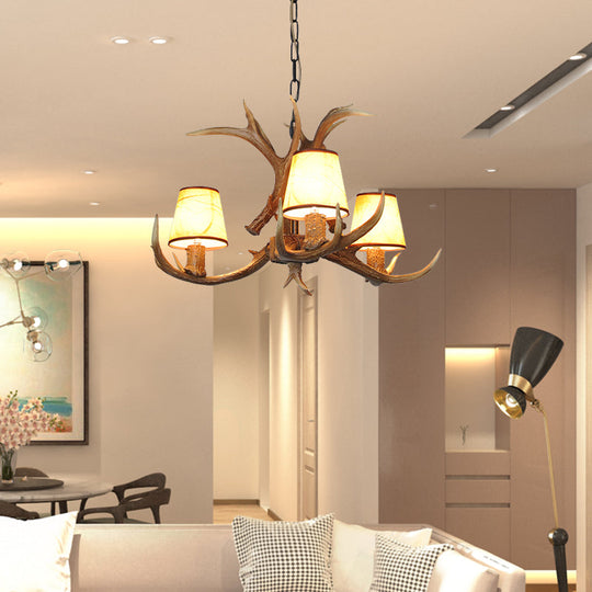 Cone Resin Pendant Lighting Traditional 3/5/6-Bulb Living Room Chandelier Light with Deer Antler in Khaki