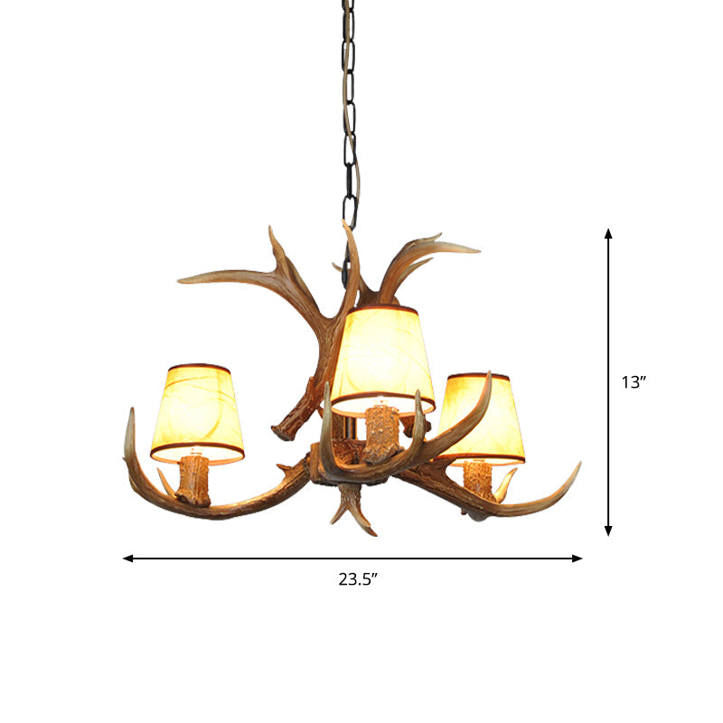 Cone Resin Pendant Lighting Traditional 3/5/6-Bulb Living Room Chandelier Light with Deer Antler in Khaki