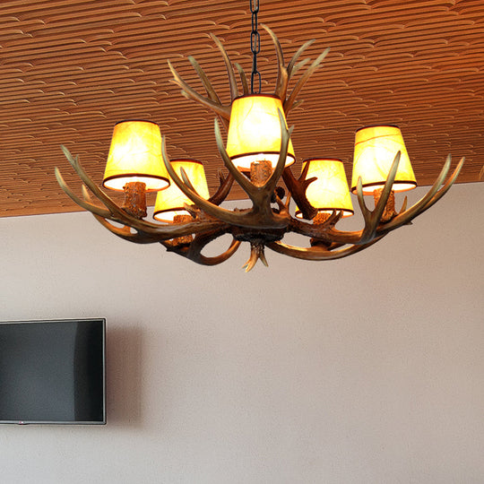 Cone Resin Pendant Lighting Traditional 3/5/6-Bulb Living Room Chandelier Light with Deer Antler in Khaki