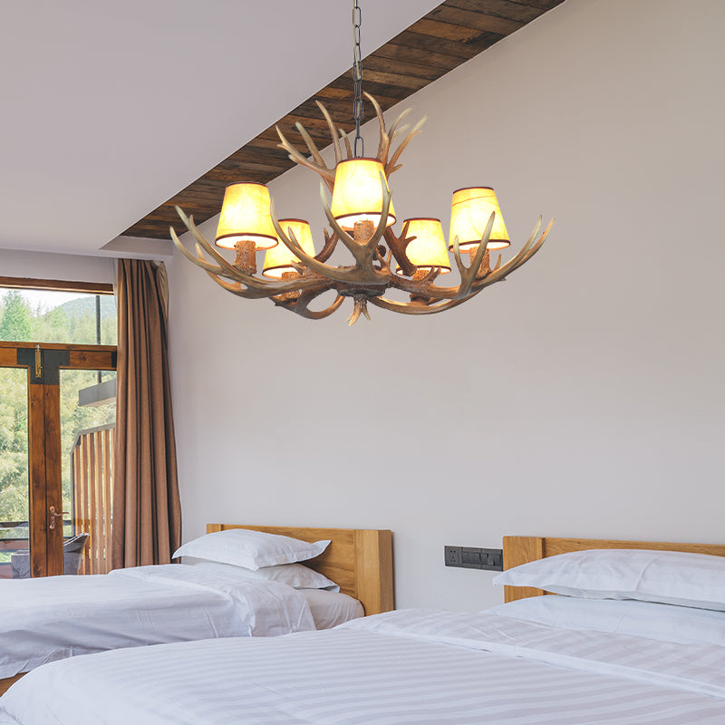 Cone Resin Pendant Lighting Traditional 3/5/6-Bulb Living Room Chandelier Light with Deer Antler in Khaki