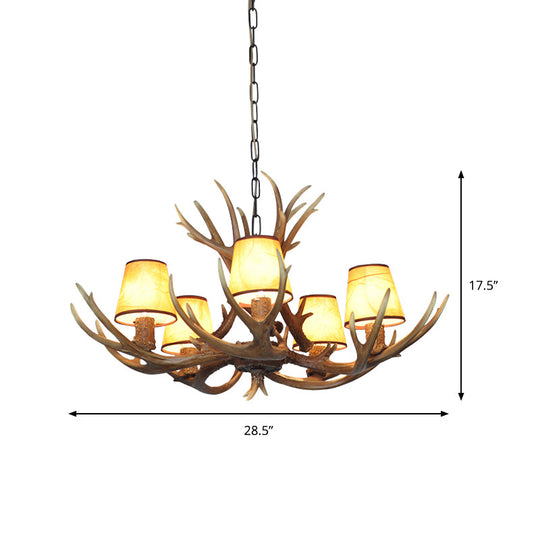 Cone Resin Pendant Lighting Traditional 3/5/6-Bulb Living Room Chandelier Light with Deer Antler in Khaki