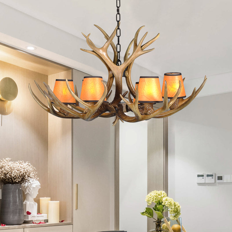 Cone Resin Pendant Lighting Traditional 3/5/6-Bulb Living Room Chandelier Light with Deer Antler in Khaki