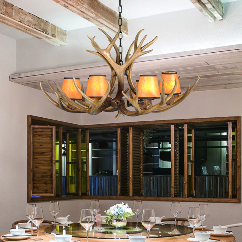 Cone Resin Pendant Lighting Traditional 3/5/6-Bulb Living Room Chandelier Light with Deer Antler in Khaki