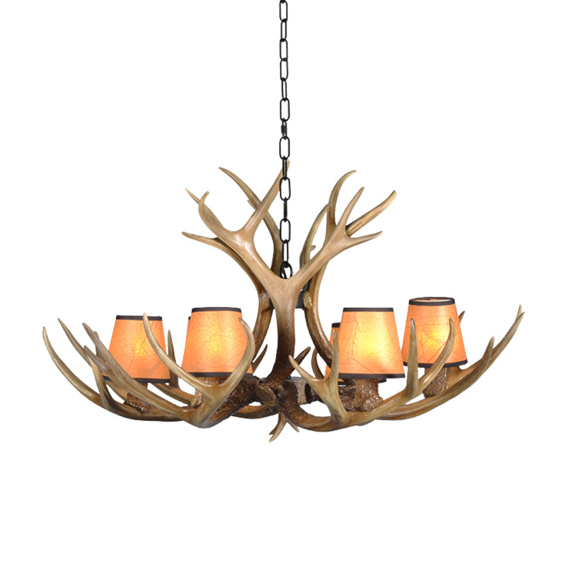 Cone Resin Pendant Lighting Traditional 3/5/6-Bulb Living Room Chandelier Light with Deer Antler in Khaki