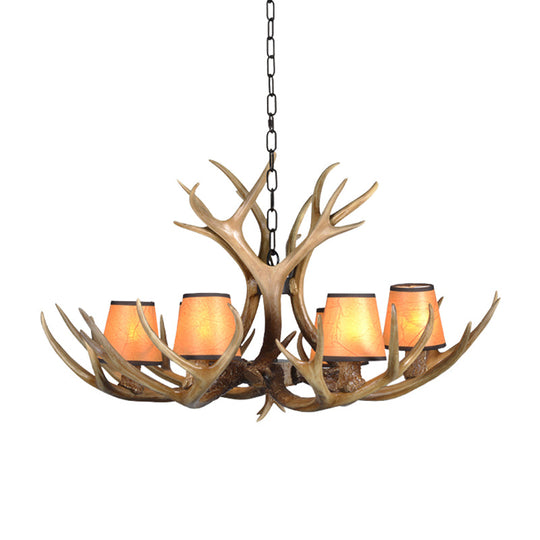 Cone Resin Pendant Lighting Traditional 3/5/6-Bulb Living Room Chandelier Light with Deer Antler in Khaki