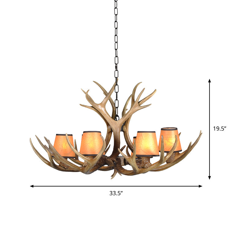 Cone Resin Pendant Lighting Traditional 3/5/6-Bulb Living Room Chandelier Light with Deer Antler in Khaki