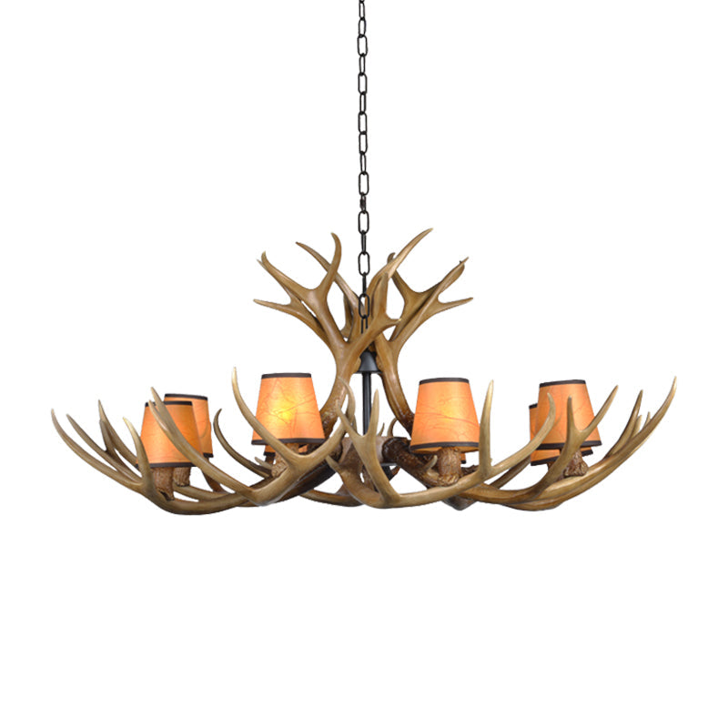Cone Resin Pendant Lighting Traditional 3/5/6-Bulb Living Room Chandelier Light with Deer Antler in Khaki