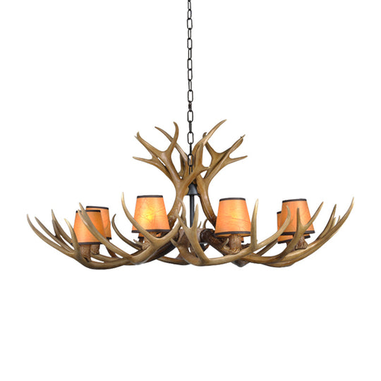 Cone Resin Pendant Lighting Traditional 3/5/6-Bulb Living Room Chandelier Light with Deer Antler in Khaki