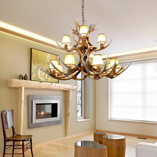 Cone Resin Pendant Lighting Traditional 3/5/6-Bulb Living Room Chandelier Light with Deer Antler in Khaki