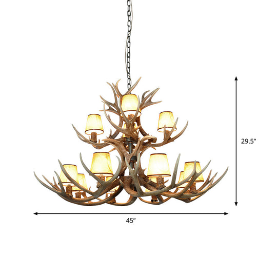 Cone Resin Pendant Lighting Traditional 3/5/6-Bulb Living Room Chandelier Light with Deer Antler in Khaki