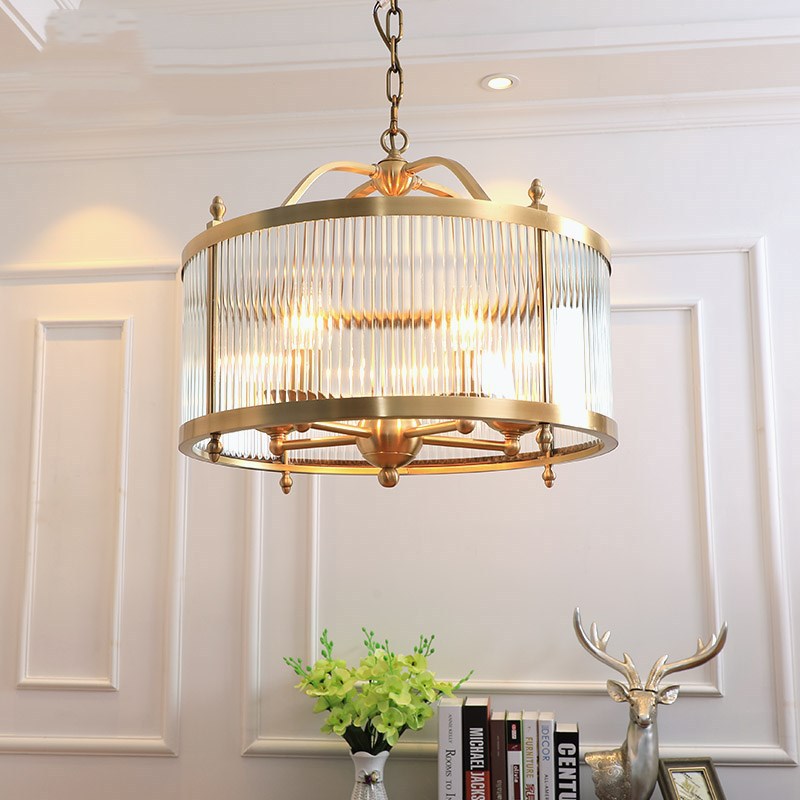 Contemporary Fluted Glass Brass Drum Chandelier - 3/5 Bulbs - 16"/19.5"/23.5" Wide