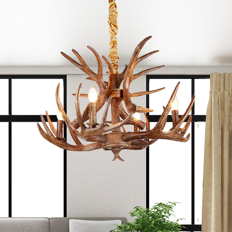 Traditional Candle Shape Hanging Lamp 4/6/9 Bulbs Resin Chandelier Light Fixture with Antler in Coffee