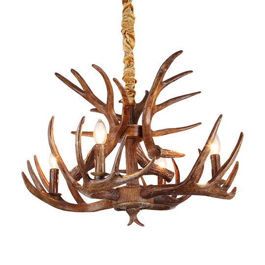 Traditional Candle Shape Hanging Lamp 4/6/9 Bulbs Resin Chandelier Light Fixture with Antler in Coffee