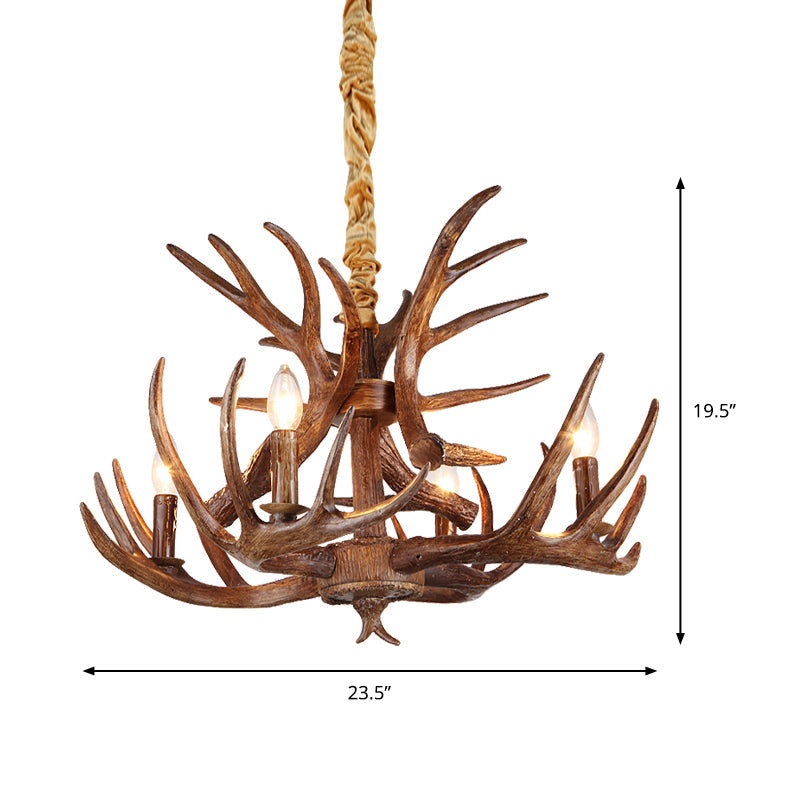 Traditional Candle Shape Hanging Lamp 4/6/9 Bulbs Resin Chandelier Light Fixture with Antler in Coffee