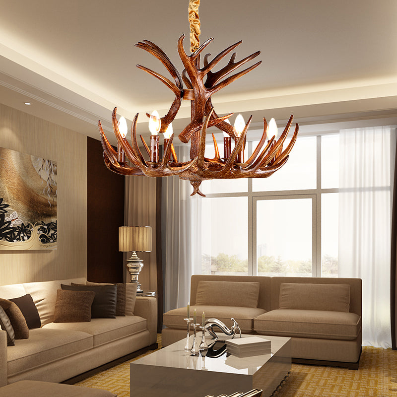 Traditional Candle Shape Hanging Lamp 4/6/9 Bulbs Resin Chandelier Light Fixture with Antler in Coffee