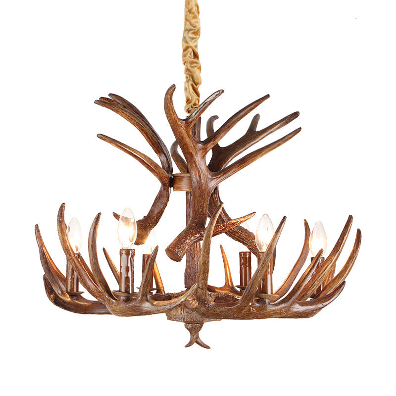 Traditional Candle Shape Hanging Lamp 4/6/9 Bulbs Resin Chandelier Light Fixture with Antler in Coffee