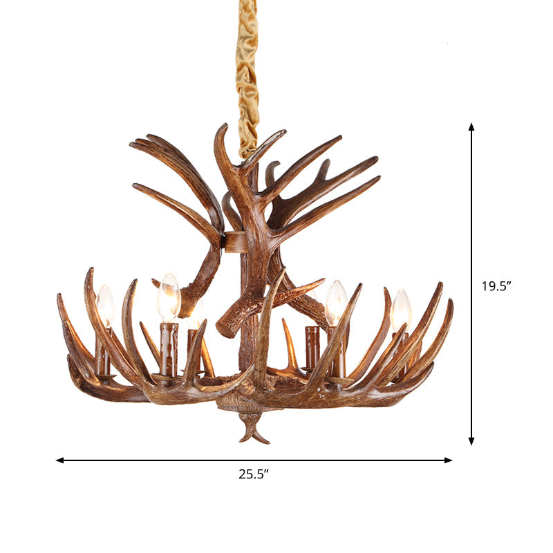 Traditional Candle Shape Hanging Lamp 4/6/9 Bulbs Resin Chandelier Light Fixture with Antler in Coffee