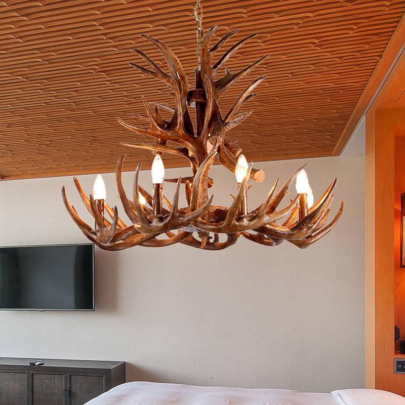 Traditional Candle Shape Hanging Lamp 4/6/9 Bulbs Resin Chandelier Light Fixture with Antler in Coffee