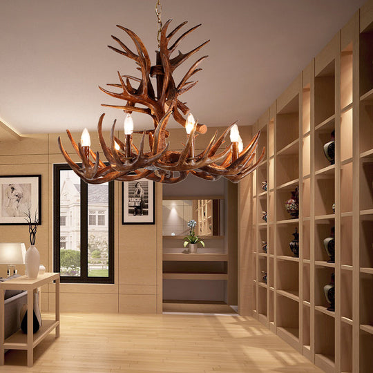 Traditional Candle Shape Hanging Lamp 4/6/9 Bulbs Resin Chandelier Light Fixture with Antler in Coffee