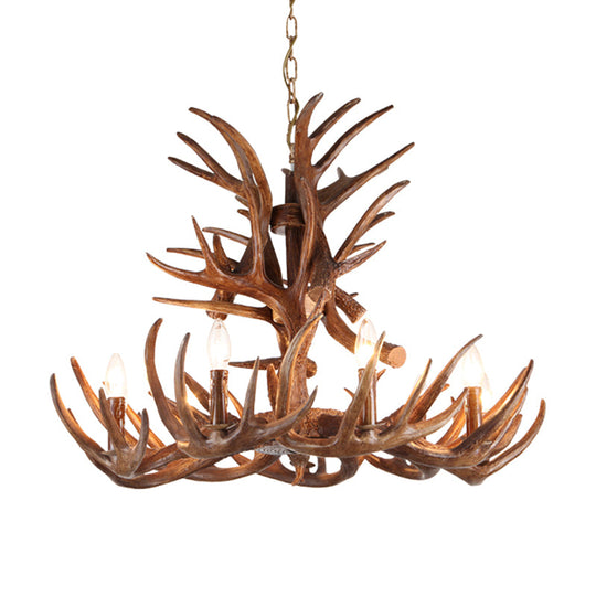 Traditional Candle Shape Hanging Lamp 4/6/9 Bulbs Resin Chandelier Light Fixture with Antler in Coffee