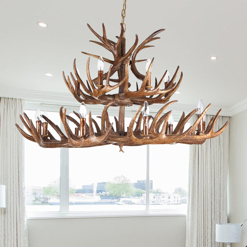 Traditional Candle Shape Hanging Lamp 4/6/9 Bulbs Resin Chandelier Light Fixture with Antler in Coffee
