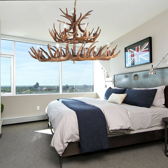 Traditional Candle Shape Hanging Lamp 4/6/9 Bulbs Resin Chandelier Light Fixture with Antler in Coffee