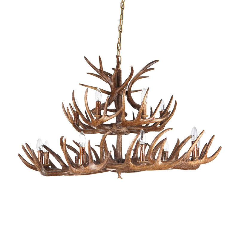 Traditional Candle Shape Hanging Lamp 4/6/9 Bulbs Resin Chandelier Light Fixture with Antler in Coffee