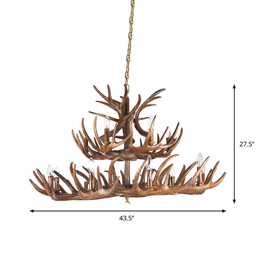 Traditional Candle Shape Hanging Lamp 4/6/9 Bulbs Resin Chandelier Light Fixture with Antler in Coffee