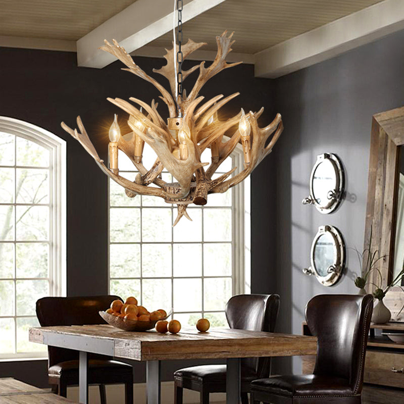 Traditional Resin 5-Bulb Light Brown Chandelier Pendant Lamp for Candle Dining Room