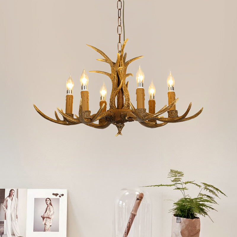 4/6/8 Heads Resin Chandelier Rustic Brown Candle Dining Room Pendant Light with Deer Antler