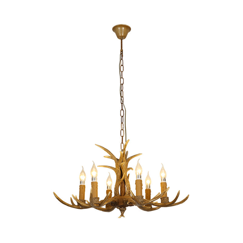 4/6/8 Heads Resin Chandelier Rustic Brown Candle Dining Room Pendant Light with Deer Antler