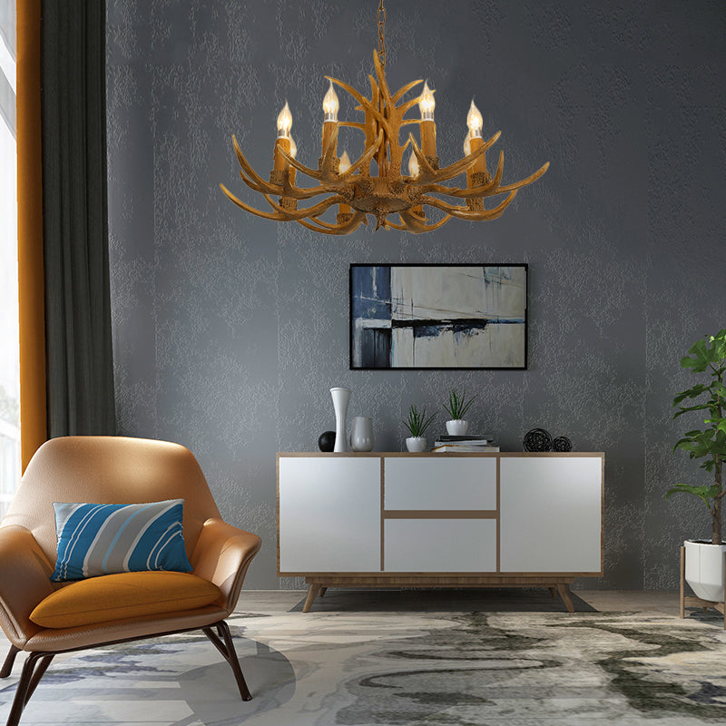 4/6/8 Heads Resin Chandelier Rustic Brown Candle Dining Room Pendant Light with Deer Antler