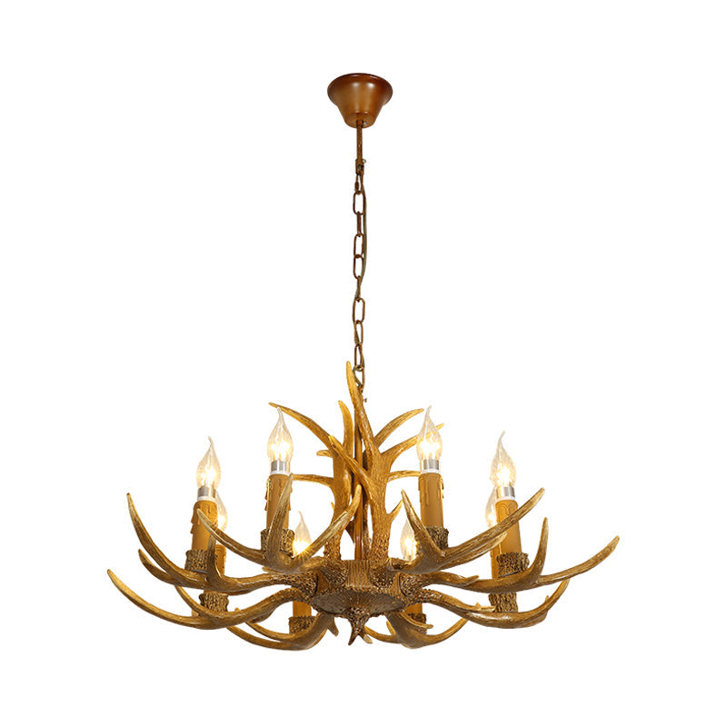 4/6/8 Heads Resin Chandelier Rustic Brown Candle Dining Room Pendant Light with Deer Antler
